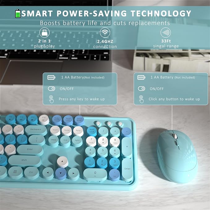 Links9+ Colorful Wireless Keyboard and Mouse Combo (Blue Colorful) | Full-Size Retro Typewriter Style Keyboard with Vintage Round Keycaps, 2.4G Wireless Set for Windows, Mac, Laptop, PC, Tablet - Image 5
