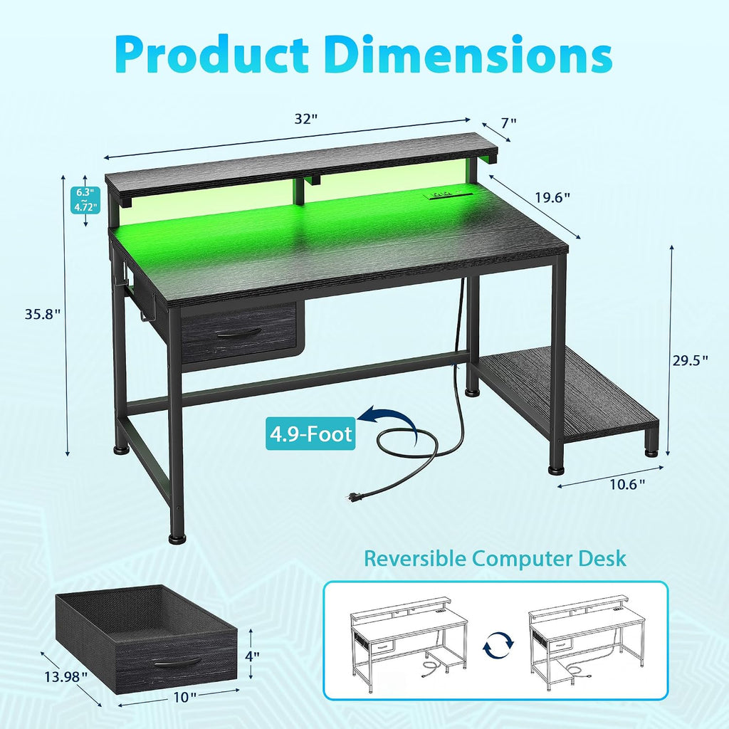 32" Gaming Desk with Power Outlet and LED Lights,Bedroom,Black - Image 3