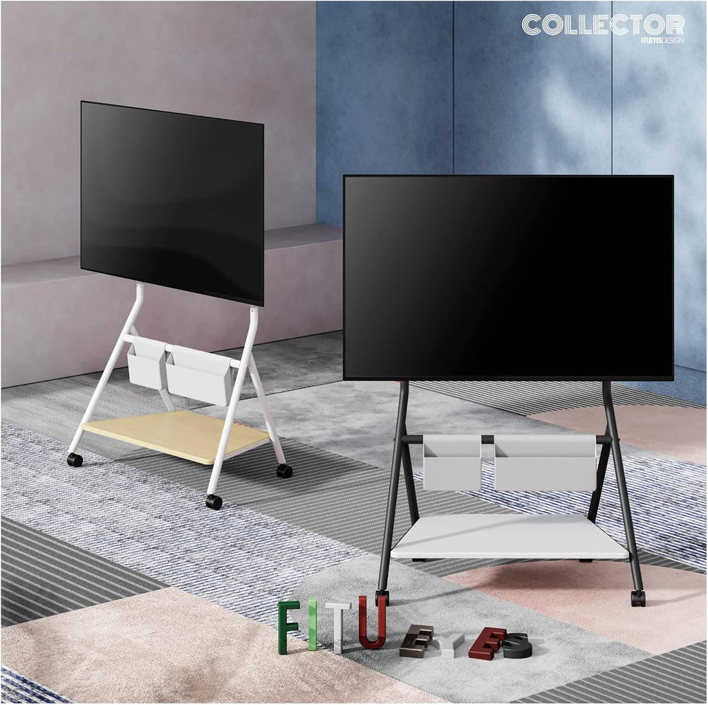 FITUEYES Mobile TV Stand for 55-78 Inch TV with Wooden Storage Shelf, White - Image 7