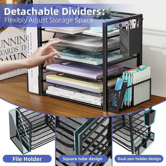 Simple Trending 6 Tier Metal Desk File Organizer with 2 Pen Holders, Black | 18"L x 9"W x 13"H, 6 Trays + Side file holder + 2 pen holders, sturdy metal frame, non-slip base, easy assembly, 24h support. - Image 5