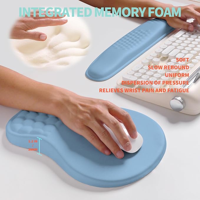 2-in-1 Ergonomic Set, Wave Rise Keyboard Wrist Rest and Massage Bulge Slope Mouse Pad Wrist Support, Cushion Memory Foam Integrated to Relieve Wrist Pain, Lake Blue - Image 4