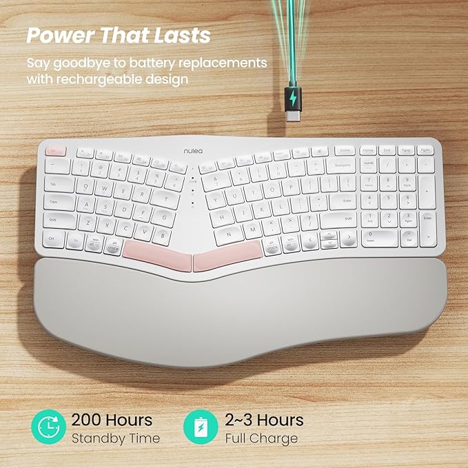 Nulea Wireless Ergonomic Keyboard, Split Keyboard with Cushioned Wrist Rest, USB and Bluetooth Connectivity, USB-C Rechargeable, Compatible with Windows Mac（Pink-White） - Image 3