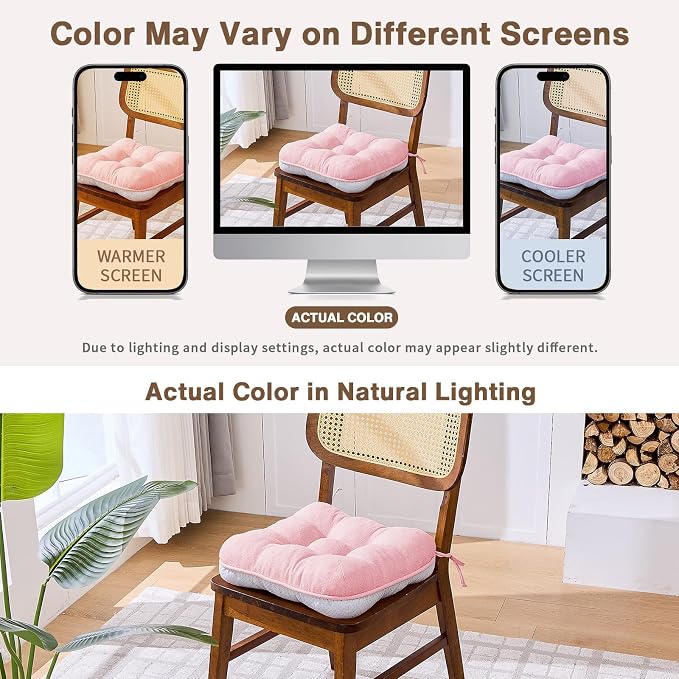 BETU Pink Chair Cushions for Dining Chairs Set of 4,3.5" Thick Kitchen Table Chair Pads with Ties,Non Slip Backing and Covers, Seat Cushion for Dining Room,Bar,Patio Chairs,15.5"X15.5"X3.5",Pink - Image 6