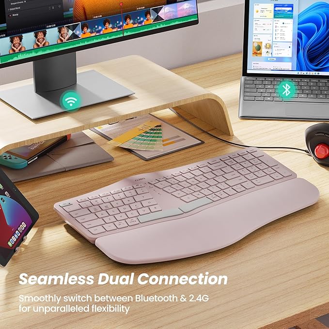 Nulea Wireless Ergonomic Keyboard, Split Keyboard with Cushioned Wrist Rest, Bluetooth and USB Connectivity, USB-C Rechargeable, Compatible with Windows Mac (Grey Pink) - Image 6