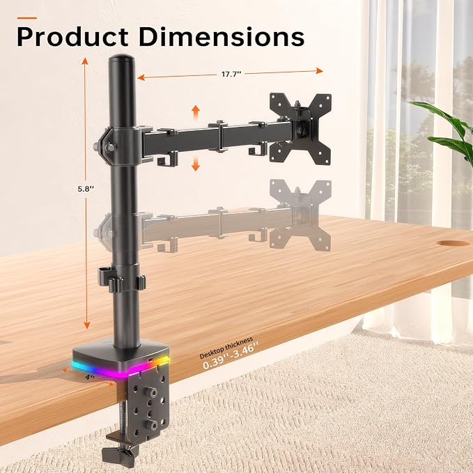 Afaloona RGB Monitor Arm with USB Hub for 13-27" Monitor, up to 17.6 lbs | Monitor mount with 1 USB-C and 2 USB-A ports supports charging and data transfer for office setups, gaming and workstations - Image 9