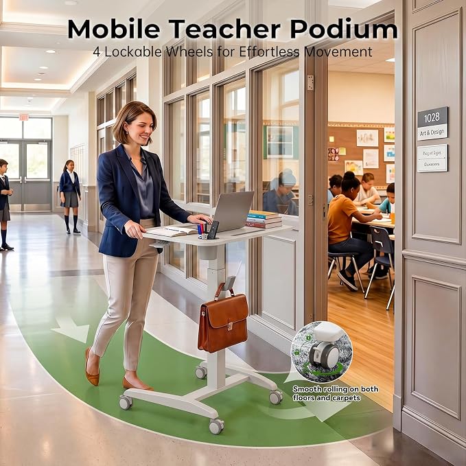 27" Mobile Rolling Standing Desk with Lockable Wheels, White | Small Laptop Cart Height Adjustable with Cup Holder, Slot, Hook, Portable Pneumatic Teacher Rising Workstation for Classroom - Image 7