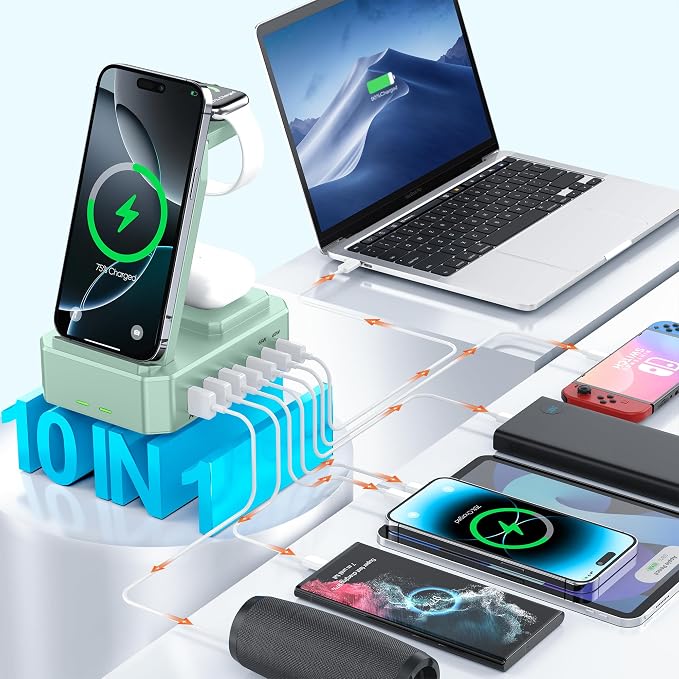 300W Charging Station for Multiple Devices Apple, Zutspzss 10 in 1 Wireless Charger for iPhone 16, GaN III USB C 65W PD Fast Charging Stand Dock for MacBook, Apple Watch&Airpods,Green - Image 3