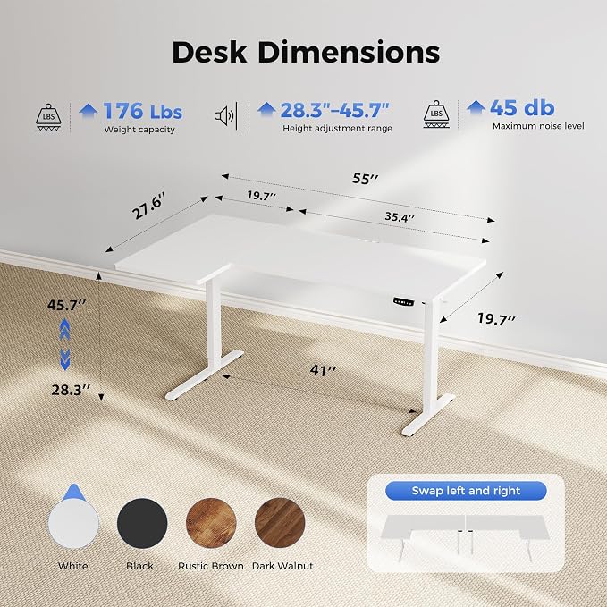 Agilestic 55 * 28 Inch Reversible L Shaped Electric Standing Desk, White | Reversible left-right installation, L-shape Workspace, Sturdy Steel Frame, Memory Presets, Hooks, 176 lbs, Easy Assembly - Image 3