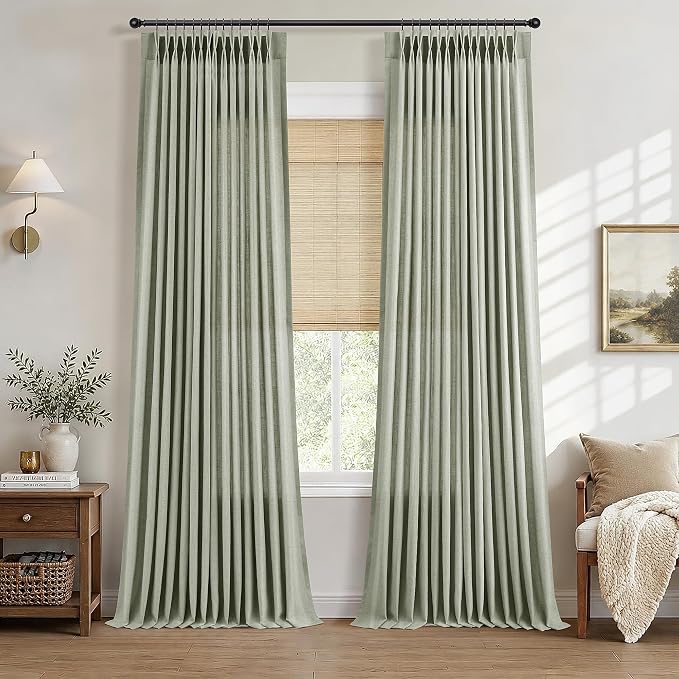 Hokibero Sage Green Pleated Linen Curtains 108 Inch Long for Living Room | Light Filtering Sheer Curtain,Pinch Pleat Back Tab Hooks Rings,Farmhouse Textured Privacy Drapes for Bedroom Window,2 Panels by Hokibero