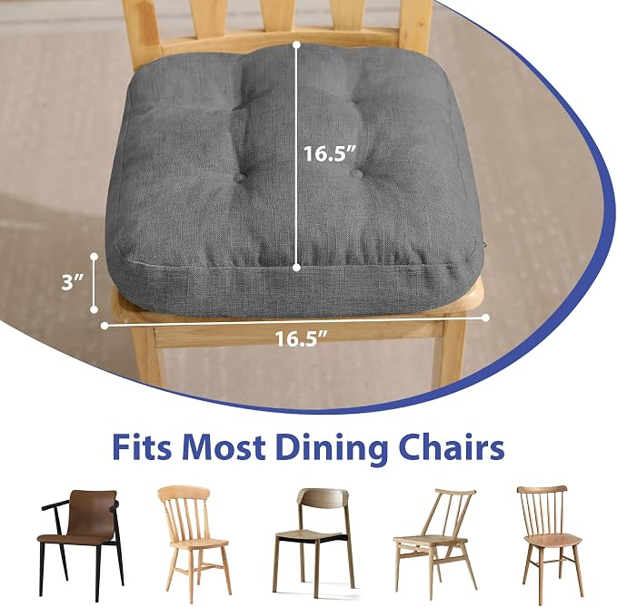 IASEAHK Chair Cushions for Dining Chairs, Dining Chair Cushions, Tufted Indoor Chair Pads with Ties & Non Slip Backing, Seat Cushions for Kitchen Chairs 16.5” x 16.5” x 3.5”, Set of 6, Grey - Image 3