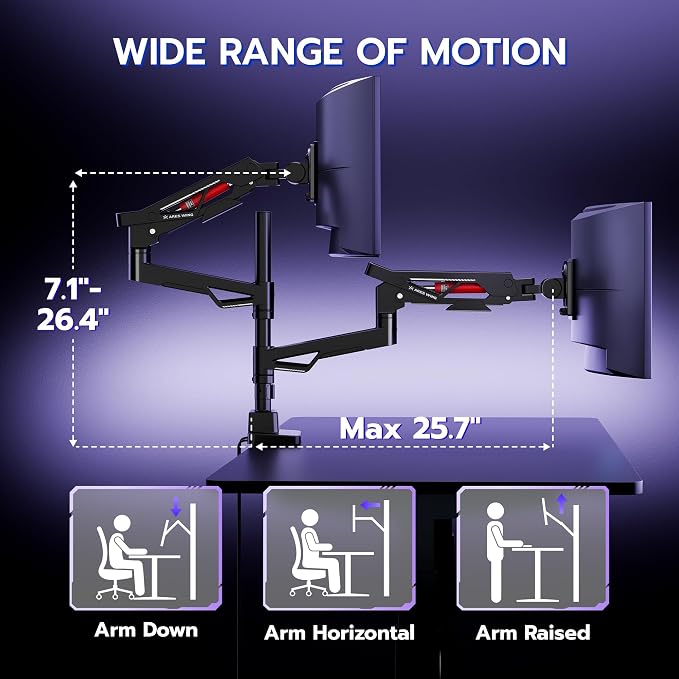 ARES WING Heavy-Duty Gas Spring Dual Ultrawide Monitor Arm57 60Lbs USB VESA | Height Adjustable & Extendable,Built-in USB Port,60Lbs Per Screen, Multi VESA Fit, Clamp & Grommet Base For Ultrawide Screens - Image 6