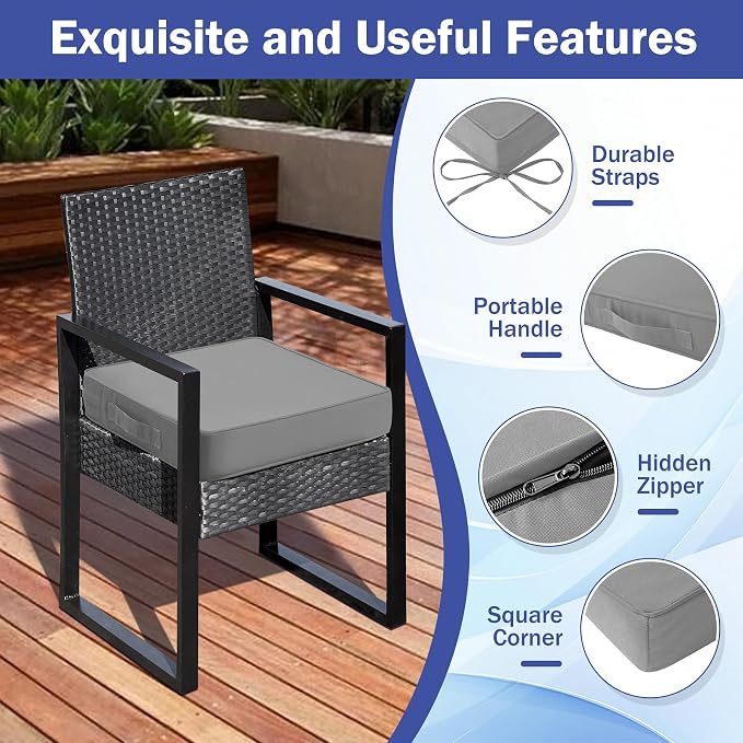 IASEAHK Patio Chair Cushions, 19" x 19" x 3" Outdoor Chair Cushions Set of 4, Waterproof Outdoor Cushions for Patio Furniture, Outdoors Seat Cushions with Handle and Ties, Light Grey - Image 5
