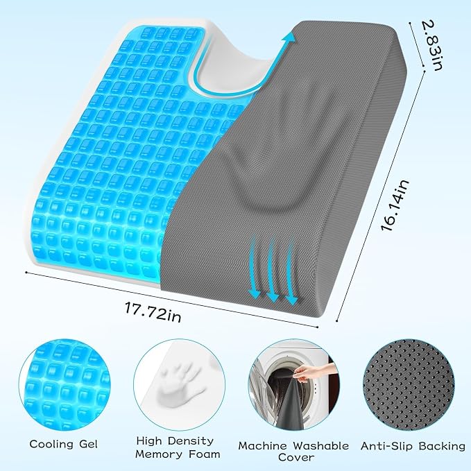 TranquilMoments Seat Cushion, Gel Wheelchair Seat Cushion, Grey | Wheelchair Seat Cushion Cooling Gel Memory Foam, Tailbone Pain Relief & Non - Slip Bottom Chair Cushion - Image 3