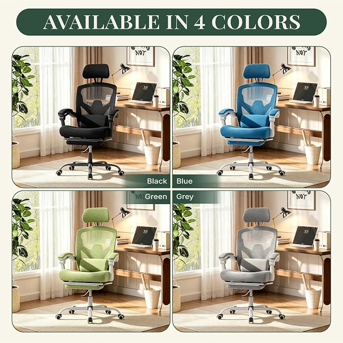 Ergonomic Office Chair with Footrest, Computer Gaming Chair | Adjustable Headrest, Lumbar Support, Swivel Reclining, Padded Armrest, Mesh High Back, Home Desk Work Study, Green - Image 9