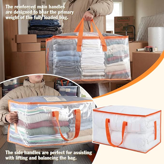 KYODOLED 2-Pack Clear Moving Bags Heavy Duty Extra Large, Storage Totes | Transparent, Reinforced Handles & Strong Zippers, Label Pocket, for College Dorm, Clothes, Bedding, Toys, Space-Saving - Image 4