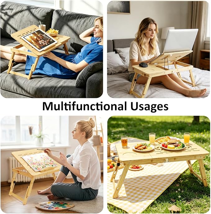 Laptop Desk for Bed, Foldable Bed Tray, Adjustable Angle & Height | Bamboo Laptop Stand with Cup Holder and Drawer, Portable Lap Desk for Couch Sofa Floor, Ideal for Breakfast, Writing, Drawing - Image 7