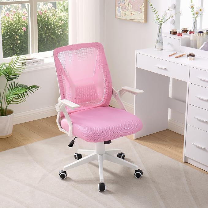 VECELO Mid-Back Swivel Ergonomic Office Chair with Adjustable Arms Mesh Lumbar Support for Computer Task Work, Pink - Image 7