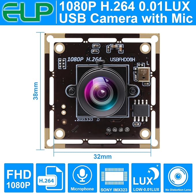 ELP Sony IMX323 Sensor Mini Low Light Wide Angle USB Camera Module with 100degree No Distortion Lens HD 1080P 0.01Lux USB2.0 Video Webcam Board UVC H.264 PC Camera for Computer, Laptop - Image 2