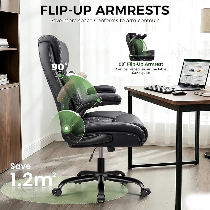 Office Chair, Ergonomic Executive Desk Chair with Lumbar Support for Lower Back Pain Relief, Padded Flip-Up Armrests, Leather Home Office Chair, Black - Image 7