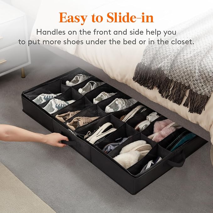 Lifewit Under Bed Shoe Storage Organizer 2 Pack(16 Shoes Cells), 4.3 Inches Profile Fabric Shoes Container Box with Clear Cover, Foldable Storage Bag with 2 Handles, Fits 16 to 32 Pairs - Image 7