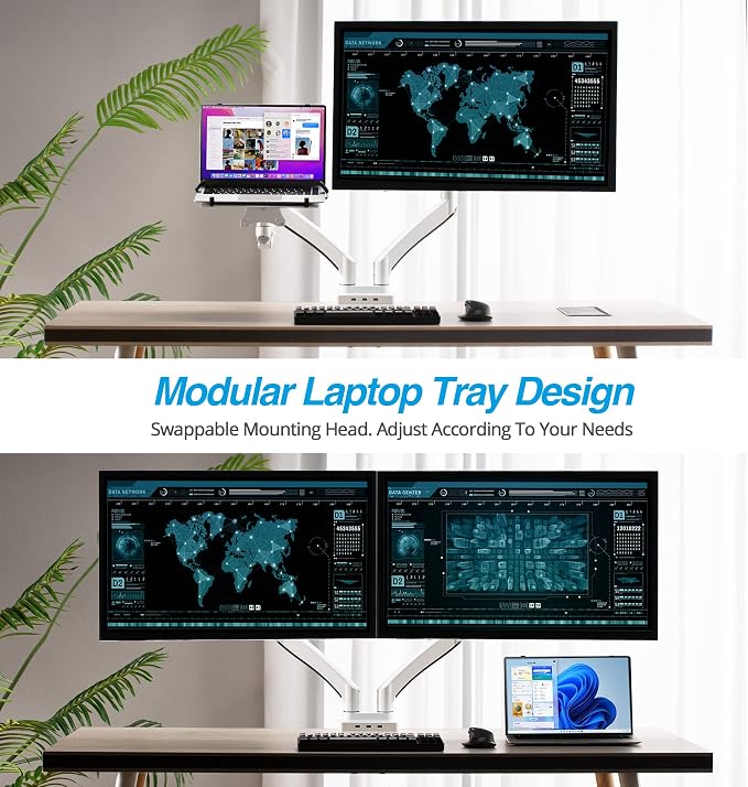 Dual Monitor Arm Desk Mount with 15" Laptop Tray USB-C&A Docking Station | AVLT 17”-43" HDMI 4K60Hz, Ethernet, 100W PD, Fits Two Flat/Curved Monitor - White - Image 2