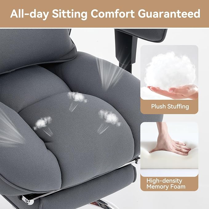 Efomao Executive Office Chair, Bluegrey Fabric Big and Tall Desk Chair | Breathable fabric, pocket spring & foam seat, retractable footrest, 135° recline for computer gaming setup - Image 6
