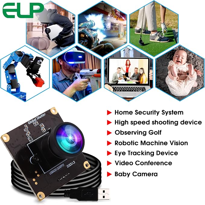 ELP High Speed Wide Angle Global Shutter USB Camera Module for Computer 1080P Mini UVC USB2.0 Webcam Board with 110degree No Distortion Lens AR0234 High Frame 90fps Web PC Camera Board for Laptop - Image 9