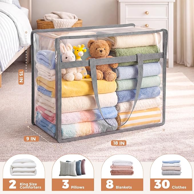 6 Pack Clear Storage Bags for Clothes, 45L Closet Organizers and Storage | Plastic storage with zipper and handle, moving bags, under-bed storage, closet organizer for blankets, comforters, toys - Image 2