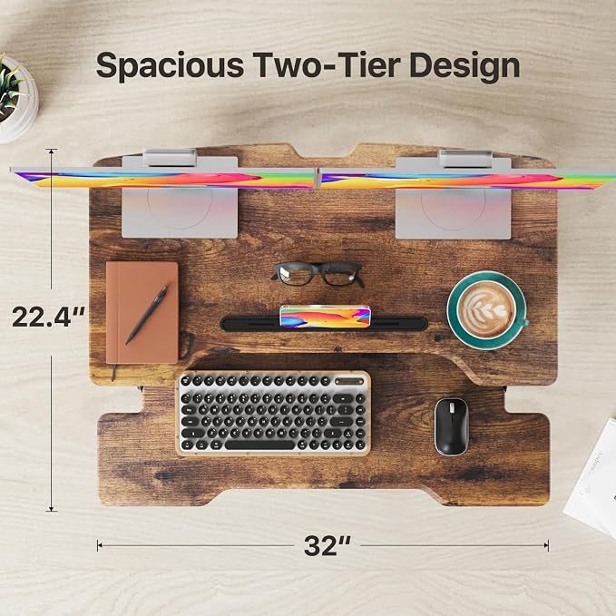32" Standing Desk Converter, Quick Sit to Stand Desk Riser | Height Adjustable Stand up Desk with Keyboard Tray for Dual Monitor, Copmputer Workstation for Home Office, Rustic Brown - Image 2