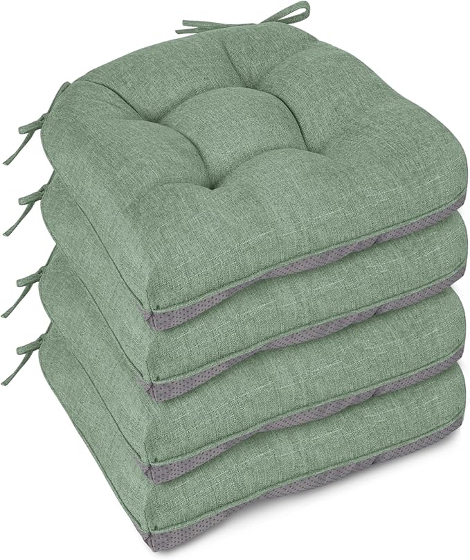 Chair Cushions for Dining Chairs Set of 4, 18"x18"x3", Sage Green | Non-Slip with Ties, Tufted, Faux Linen, Seat Cushions for Dining Room Kitchen Breakfast Nook Indoor Home Office Living Room by FlyGulls