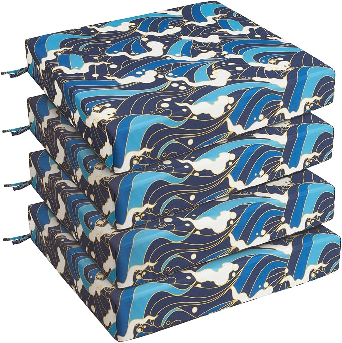 Outdoor Chair Cushions, Set of 4, 24"*24"*4", Water Resistant, Blue/Waves by UNIKOME