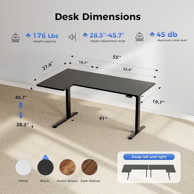 Agilestic 55 * 28 Inch Reversible L Shaped Electric Standing Desk, Black | Reversible left-right installation, L-shape Workspace, Sturdy Steel Frame, Memory Presets, Hooks, 176 lbs, Easy Assembly - Image 3