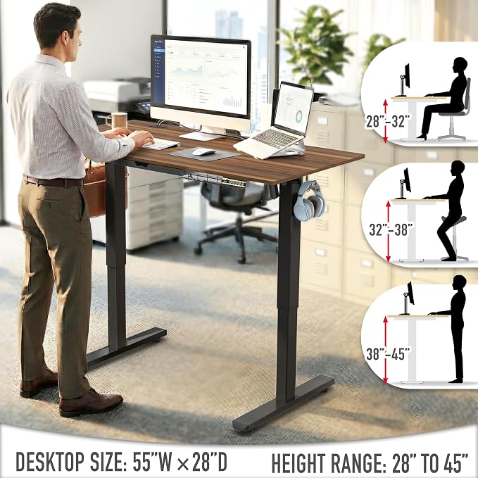 SHW 55 x 28 Electric Height Adjustable Standing Desk w/Drawer, Walnut | w/ Memory Presets and Cable Management | Drawer with adjustable compartments | Hanging Hooks - Image 6