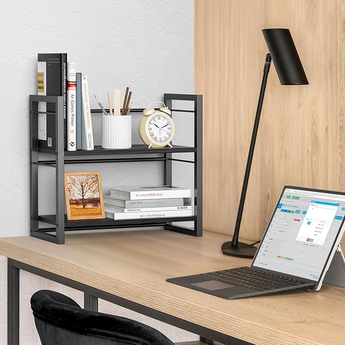 Office Desk Shelf Organizer, Wood Desktop Bookshelf Supplies Storage Rack, Shelf for Top of Desk and Dresser (Pure Black-2 Tier) - Image 5