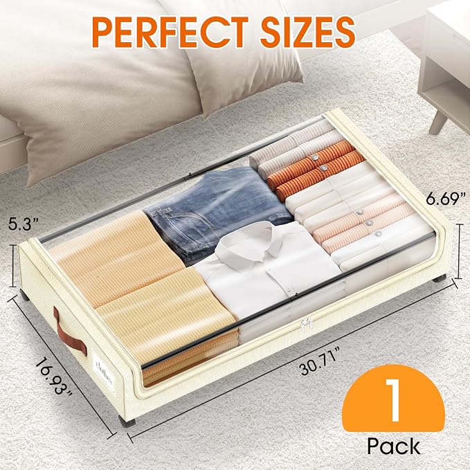 Under Bed Storage with Wheels 1Pack Storage Containers with Clear Window | Under Bed Drawers Rolling Under Bed Storage for Clothes,Shoes, Blankets (30.71 x 16.93 x 6.69 in, Beige) - Image 2