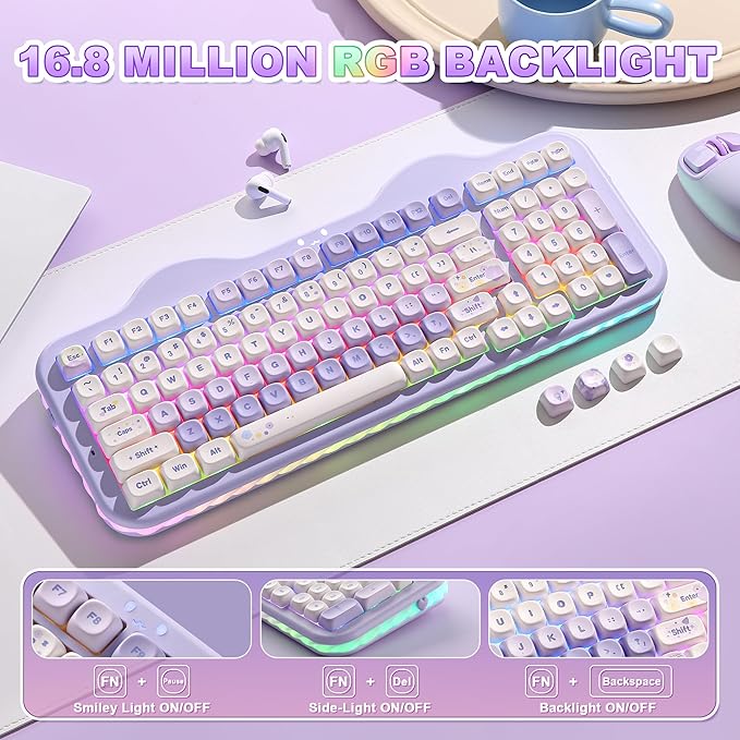 YUNZII C98 Cute Cake Wireless Mechanical Keyboard (Purple, Candy Switch) | 99 Keys with Number Pad, Hot Swap, PBT MOA Keycaps, BT5.0/2.4G/USB-C, Gasket Mount, Custom RGB Backlit for Win/Mac - Image 7