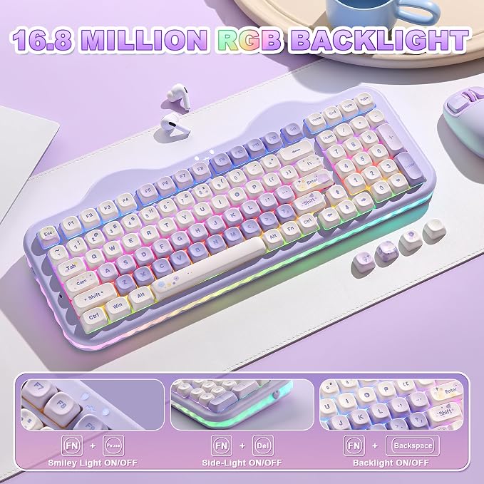 YUNZII C98 Cute Cake Wireless Mechanical Keyboard(Purple, Milk Switch) | 99 Keys with Number Pad, Hot Swap, PBT MOA Keycaps, BT5.0/2.4G/USB-C, Gasket Mount, Custom RGB Backlit for Win/Mac - Image 7