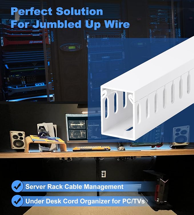 1.6"H x 1.2"W Cable Raceway, 6ft Under Desk Wire Management Channel, White | Slotted Wire Duct, 2 Pack (3 ft Each), Heavy-Duty PVC Cable Management for Server Racks, Network Cables & Electrical Cabinets - Image 5