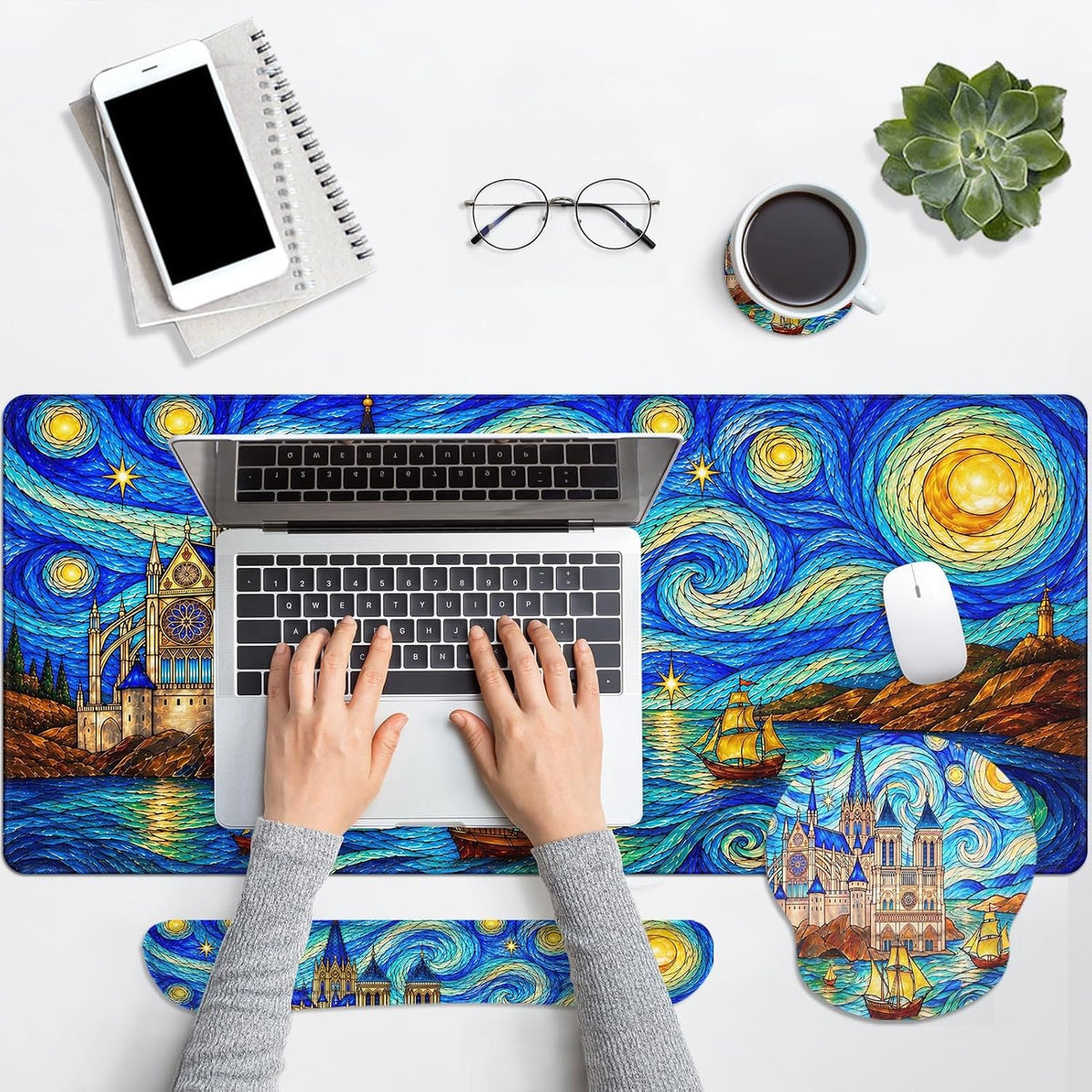 Keyboard Mouse Pad Set, 4 in 1 Desk Mat Set, Blue Starry Castle - Image 7