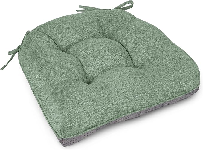 Chair Cushions for Dining Chairs 1 Piece, 18"x18"x3", Sage Green | Non-Slip with Ties, Tufted, Faux Linen, Seat Cushions for Dining Room Kitchen Breakfast Nook Indoor Home Office Living Room by FlyGulls
