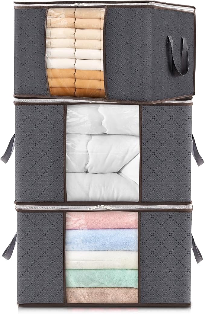 Lifewit 3 Pack 60L Clothes Storage Bins with Lids, Foldable Blanket Storage Bags with Zippers, Clear Window and Reinforced Handles, Closet and Organization for Clothing, Sweater, Comforter, Bedding by Lifewit