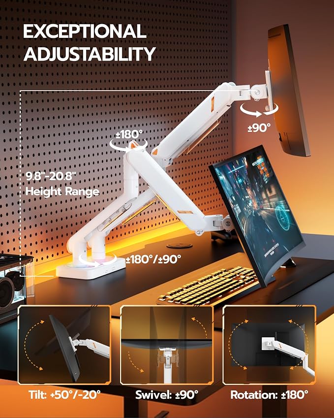 ARES WING 17-45 Inch Dual Monitor Arm Monitor Mount with RGB, White | Heavy Duty Mechanical Spring Monitor Stand Adjustable Arms Holds up to 44lbs, 75/100 VESA Mount with Clamp/Grommet Base - Image 8