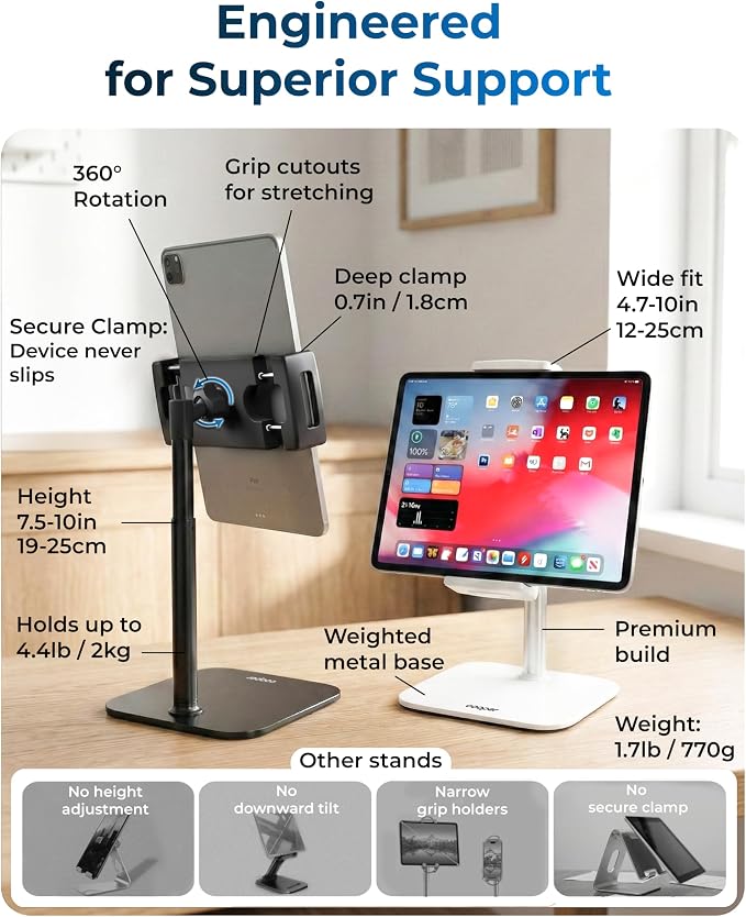 COOPER TabStand Mini 10" Tablet Stand, iPad Stand for Desk, Tablet Mount | 7.5-10" Adjustable, Weighted Base, Strong Grip, Portable Monitor Holder, Tripod iPad Holder; Fits Samsung, Kindle, iPad Pro - Image 6