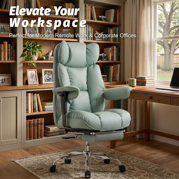 Efomao Executive Office Chair 400lbs,Green Big and Tall Desk Chair | Mattress-grade pocket spring cushion, sleek leather, 135° recline & footrest for computer gaming setup. - Image 2