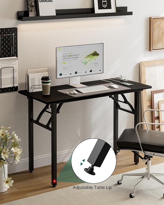 Small Folding Computer Desk – 43.3 Inch Portable Table for Craft and Study, Lightweight Desk for Small Spaces, Foldable Laptop Table Built-in AC/USB Outlets for Convenience, Dark Oak - Image 8