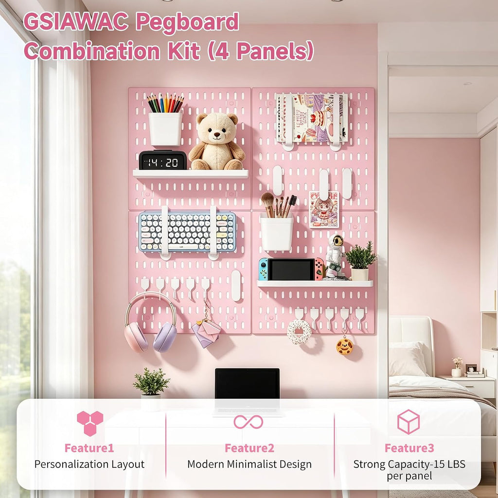 4 Pack Pink Pegboard Panels Kit Wall Organizer and 22 Accessories - Image 4