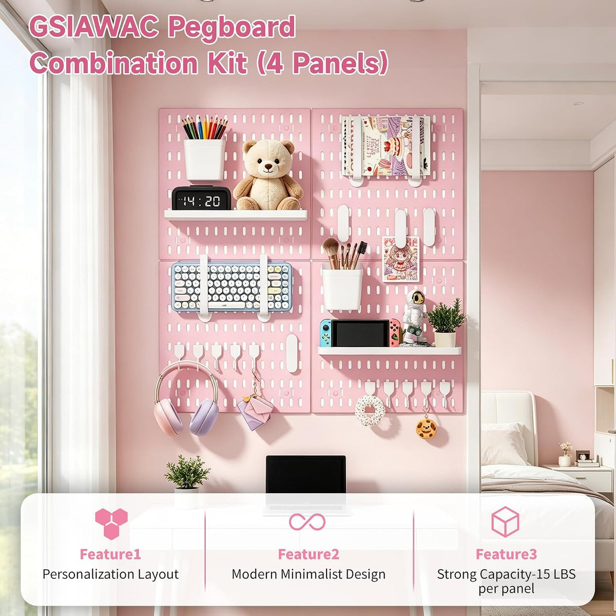 4 Pack Pink Pegboard Panels Kit Wall Organizer and 22 Accessories - Image 4