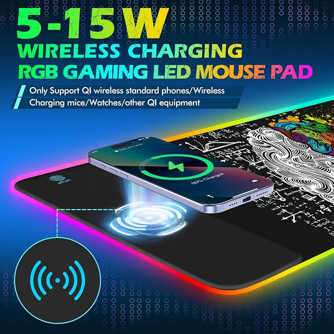 ToLuLu RGB Gaming Wireless Charging Mouse Pad, 7.5/10/15W 10 Light Modes LED Mouse Pad Computer Keyboard Mat Mousepad, 800x300x4MM Extended Large Desk Mat for Gaming, MacBook, Laptop, PC, Human Brain - Image 2