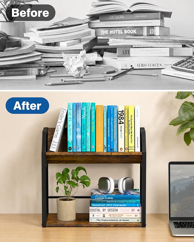 Desktop Bookshelf, Wooden Desk Shelf Organizer, Brown | 2-Tier Desk Top Storage Rack for Office, Dorm, Bedroom Decor, Small Tabletop Shelf for Books, Plants & Accessories - Image 7
