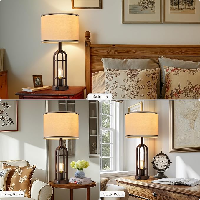 SRJJA Farmhouse Table Lamps for Living Room Bedroom Set of 2 - Rustic Industrial Bedside Lamps for Night Stands with USB A+C, 24" Vintage Nightstand Lamp with Night Light, Bulbs Included - Image 4